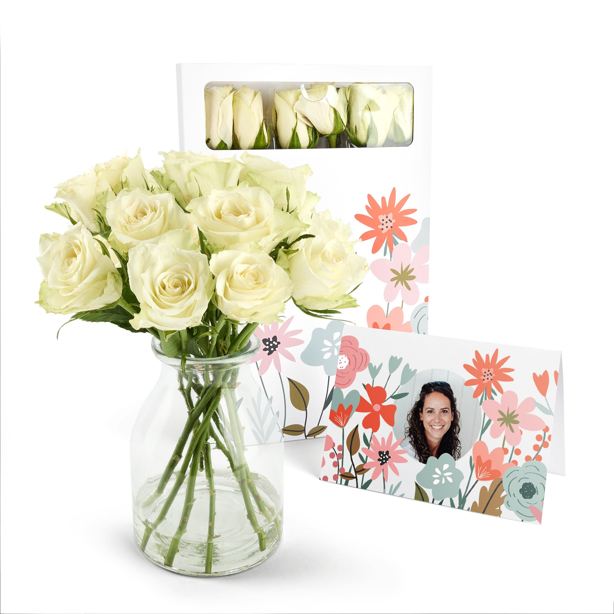 Brievenbusbloemen met persoonlijke kaart - Witte rozen