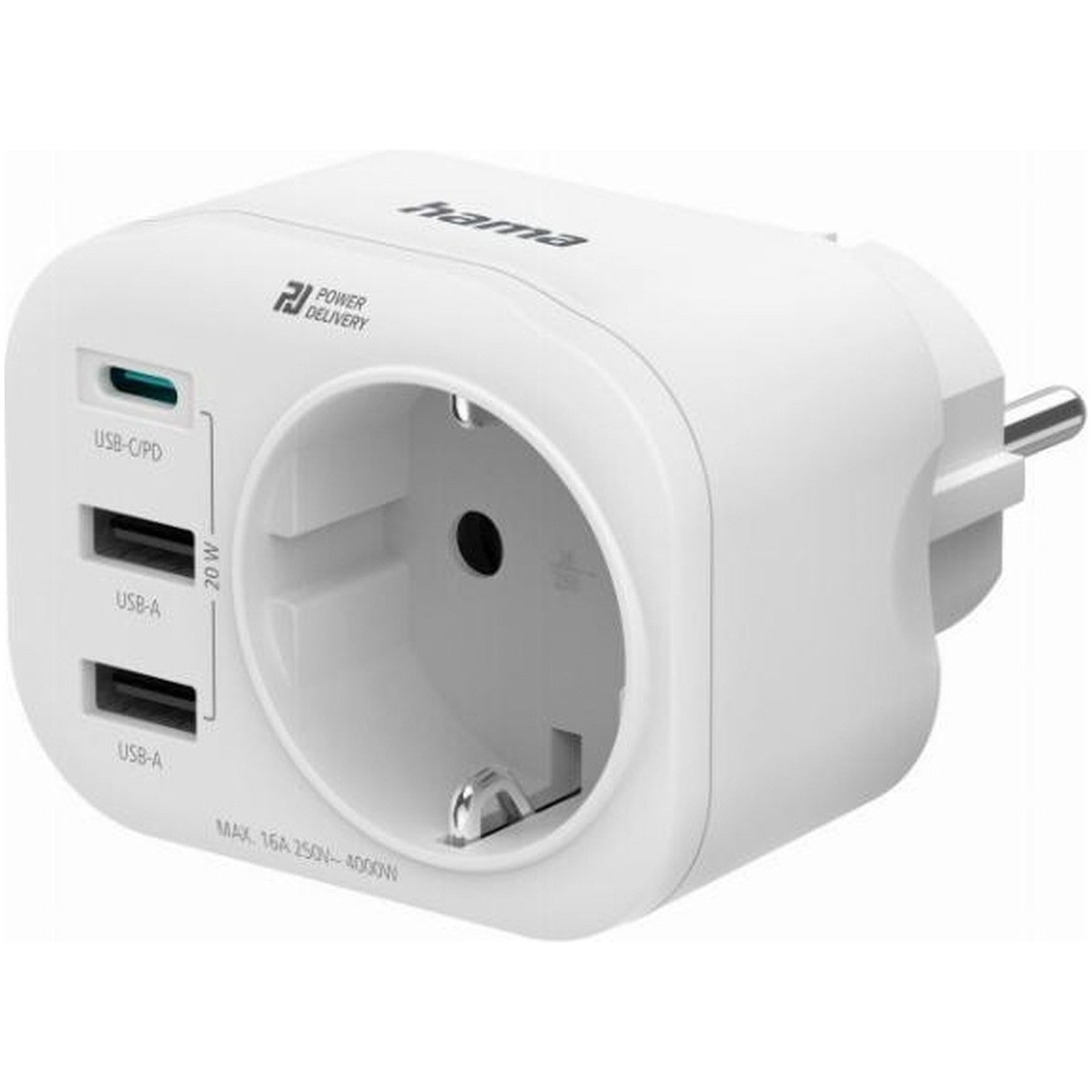 Hama 4-Way Multi-Adapter for Socket 1 USB-C PD 2 USB-A 1 Earthed Contact 20W Wifi adapter Wit