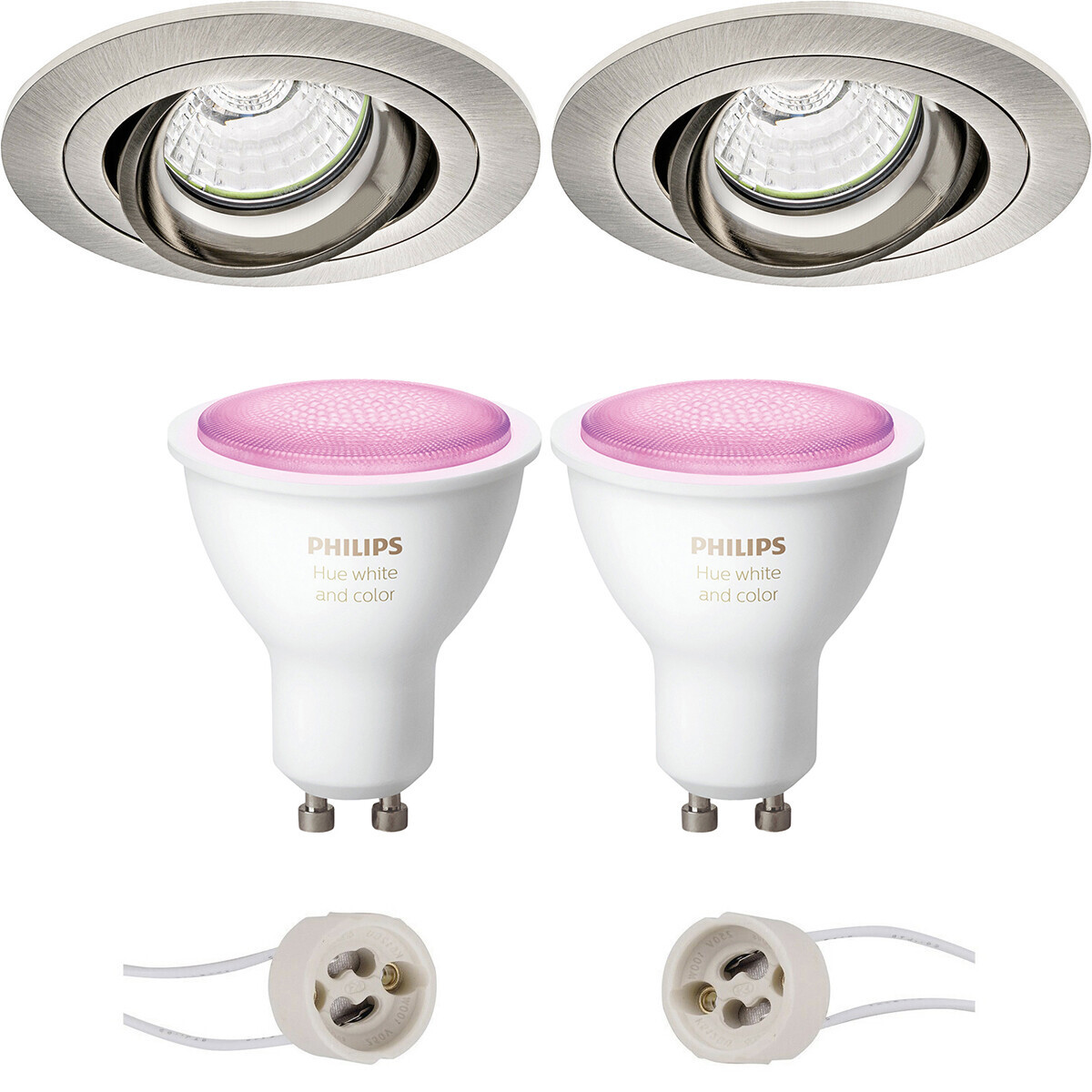 Pragmi Alpin Pro - Inbouw Rond - Mat Nikkel - Kantelbaar - Ø92mm - Philips Hue - LED Spot Set GU10 - White and Color Ambiance - Bluetooth