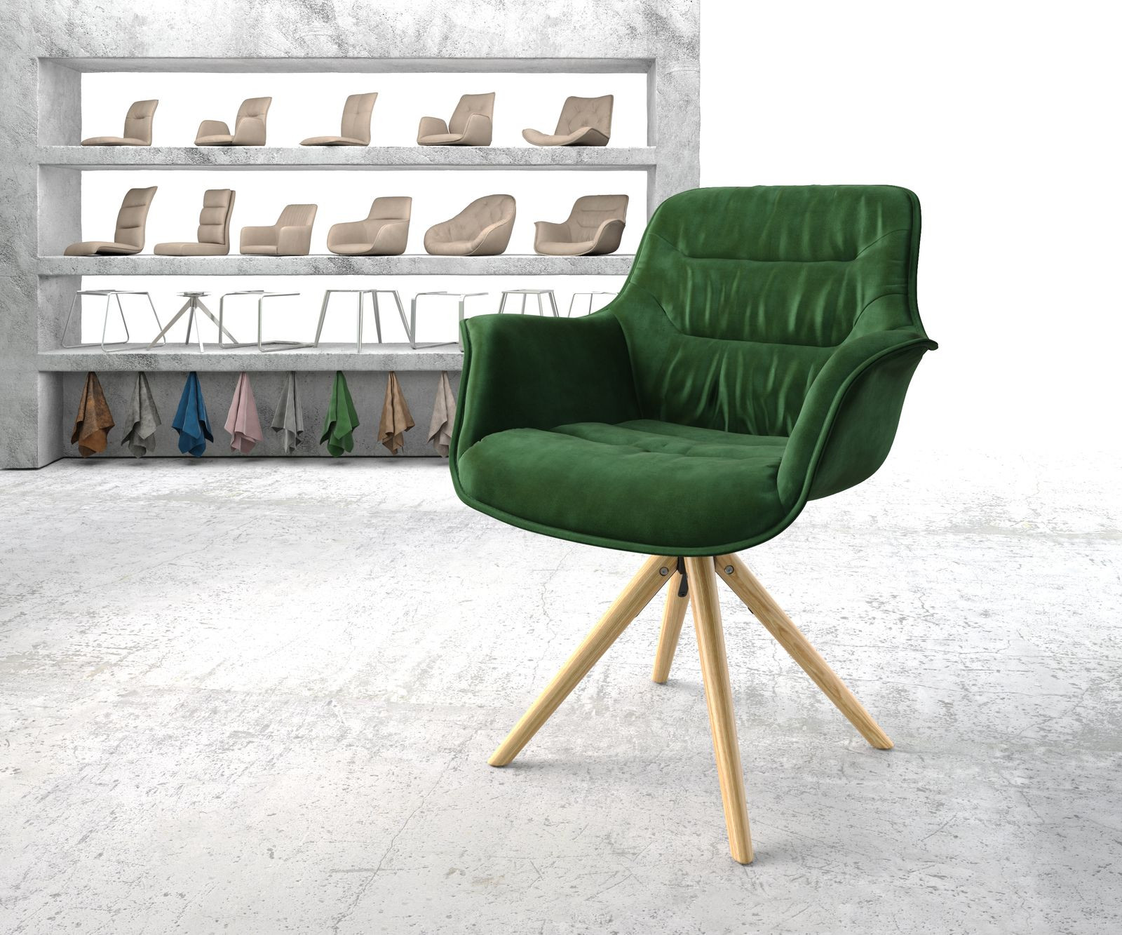 DELIFE Draaistoel Kaira-Flex fluweel groen houten frame conisch 180° draaibaar