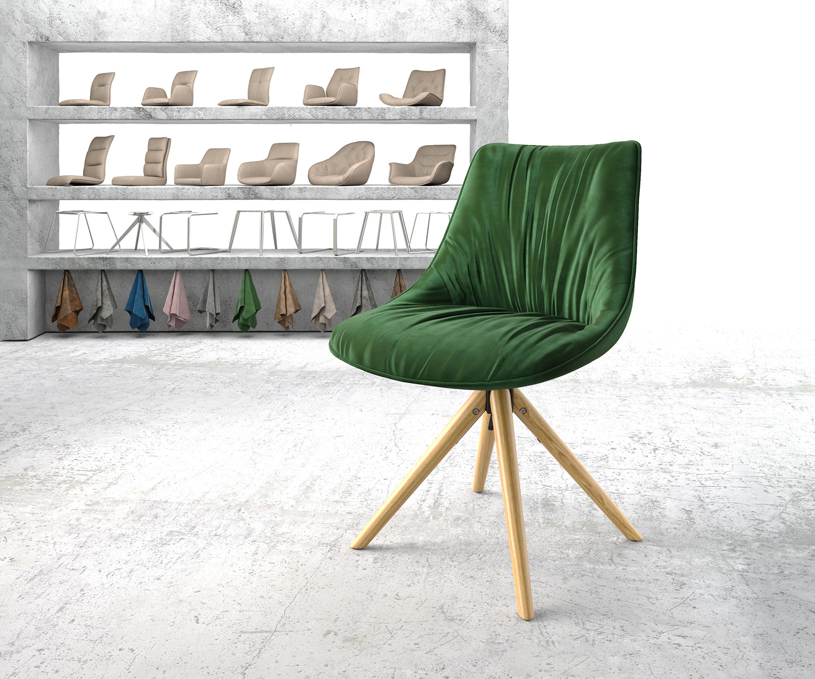 DELIFE Draaistoel Elda-Flex fluweel groen houten frame conisch 180° draaibaar