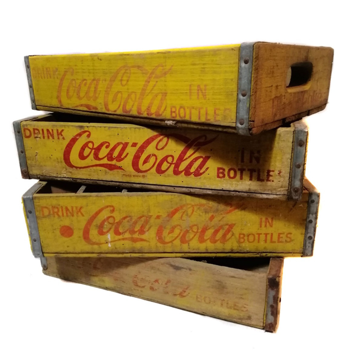 Originele Vintage Houten Coca-Cola Flessenkrat - Geel