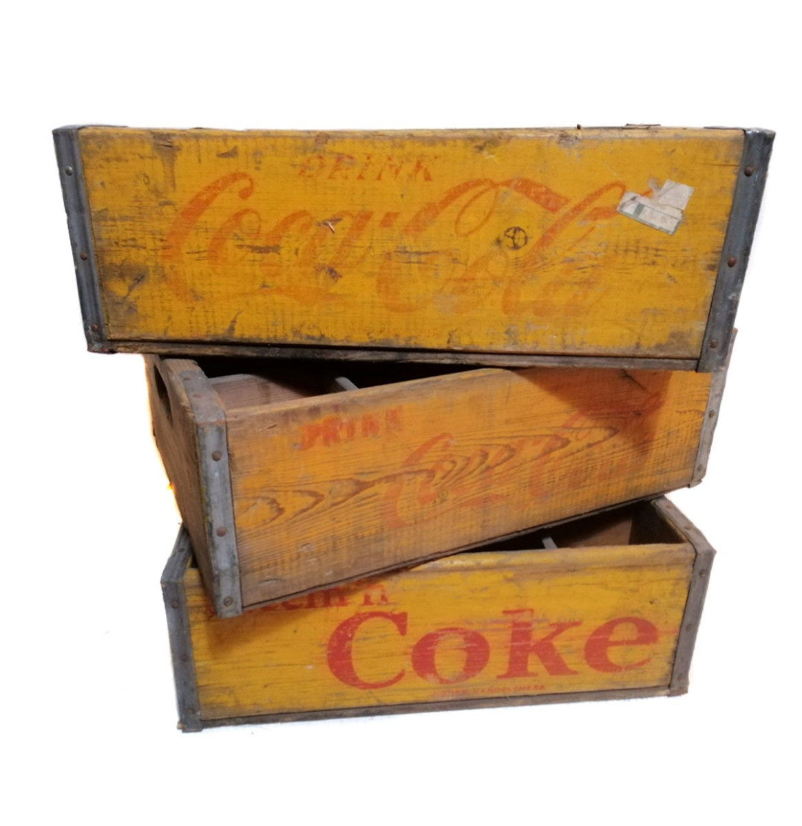 Originele Vintage Houten Coca-Cola Flessenkrat - Geel - Europees Model