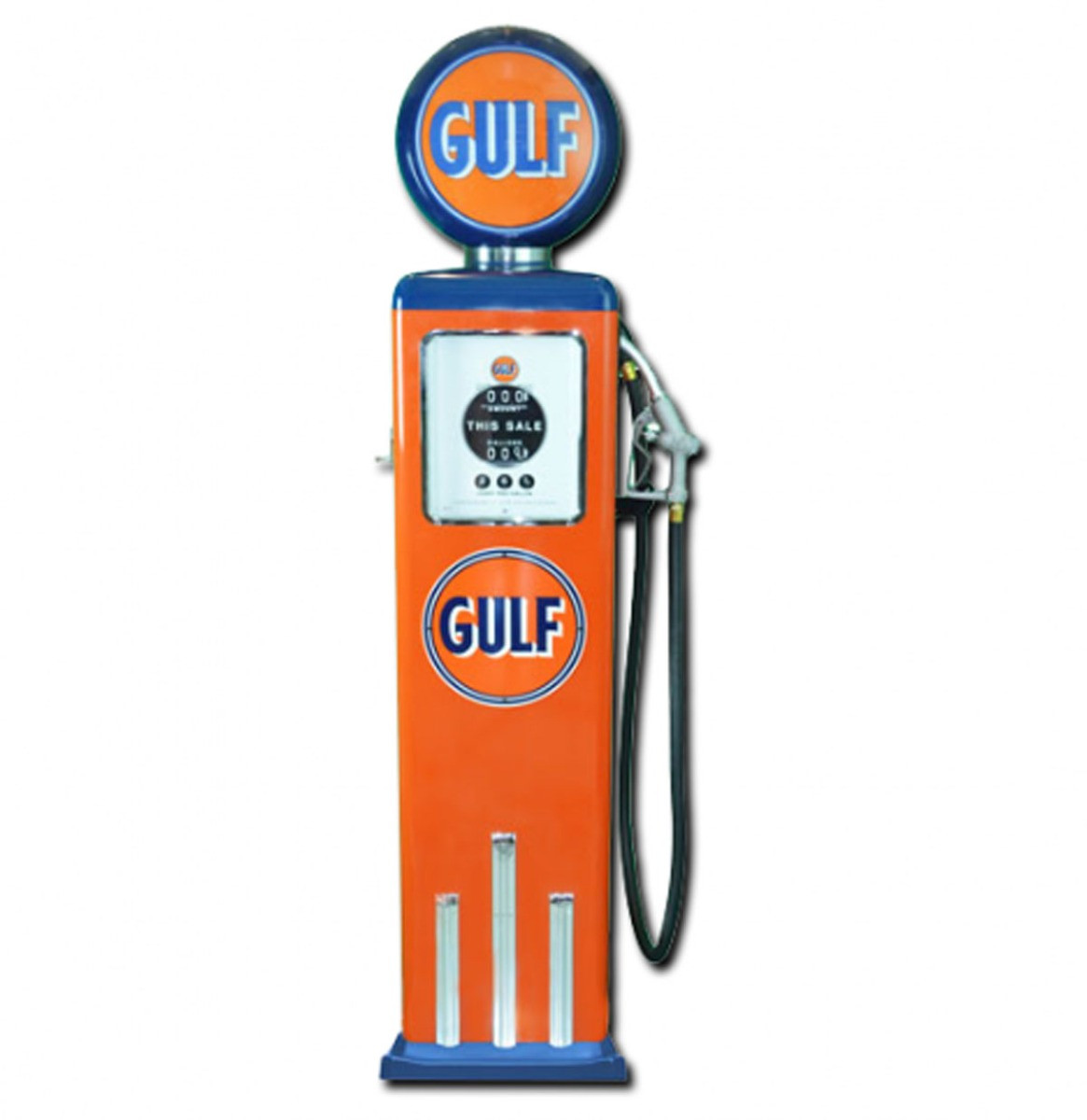 Gulf 8 Ball Benzinepomp Met Voet Oranje & Blauw Reproductie