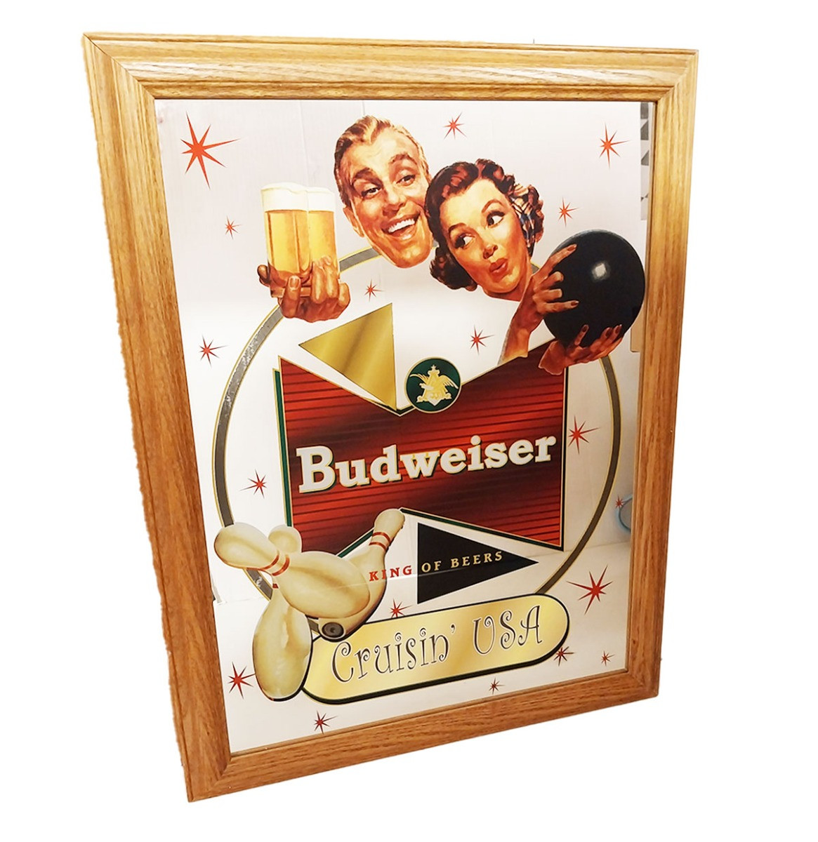 Budweiser Bier &apos;Bowling&apos; Spiegel in Houten Frame