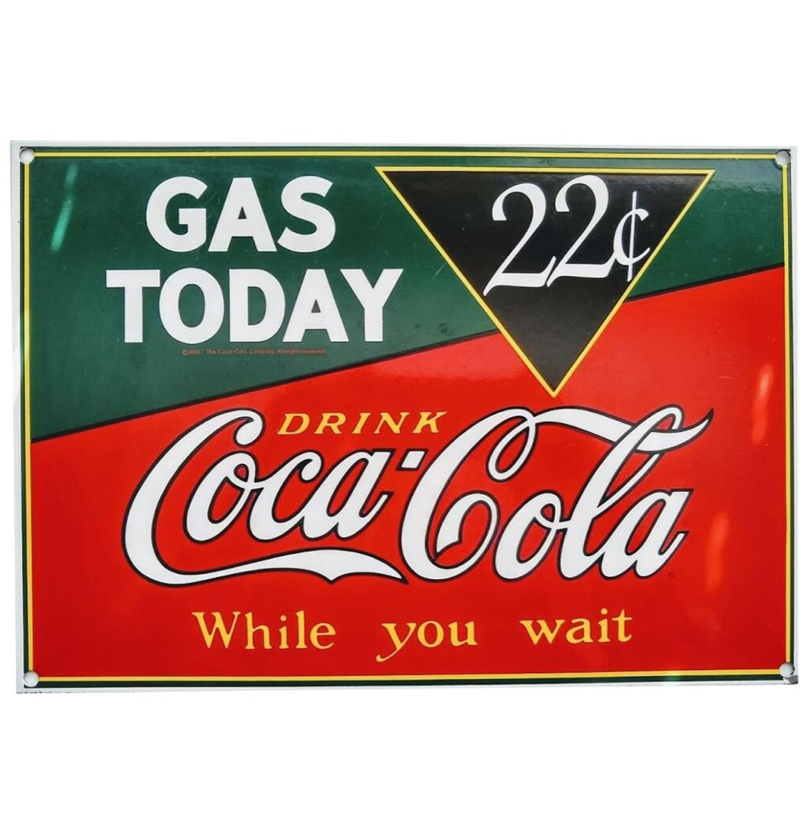 Coca-Cola Gas Today 22 Cents Emaille Bord - 33 x 23 cm