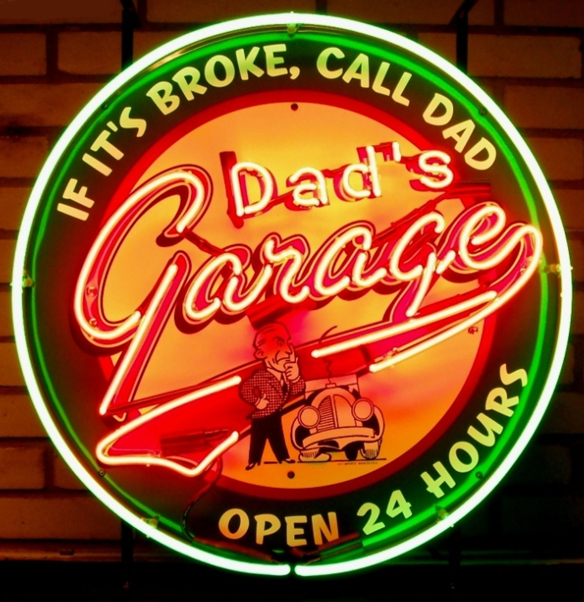 Dad&apos;s Garage Open 24 Hours Neon Verlichting Met Achterplaat 65 x 65 cm