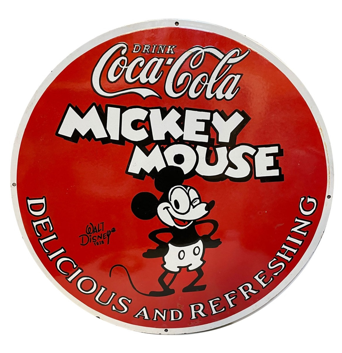 Coca-Cola Mickey Mouse Zwaar Emaille Bord 76 cm - Oudere Repro