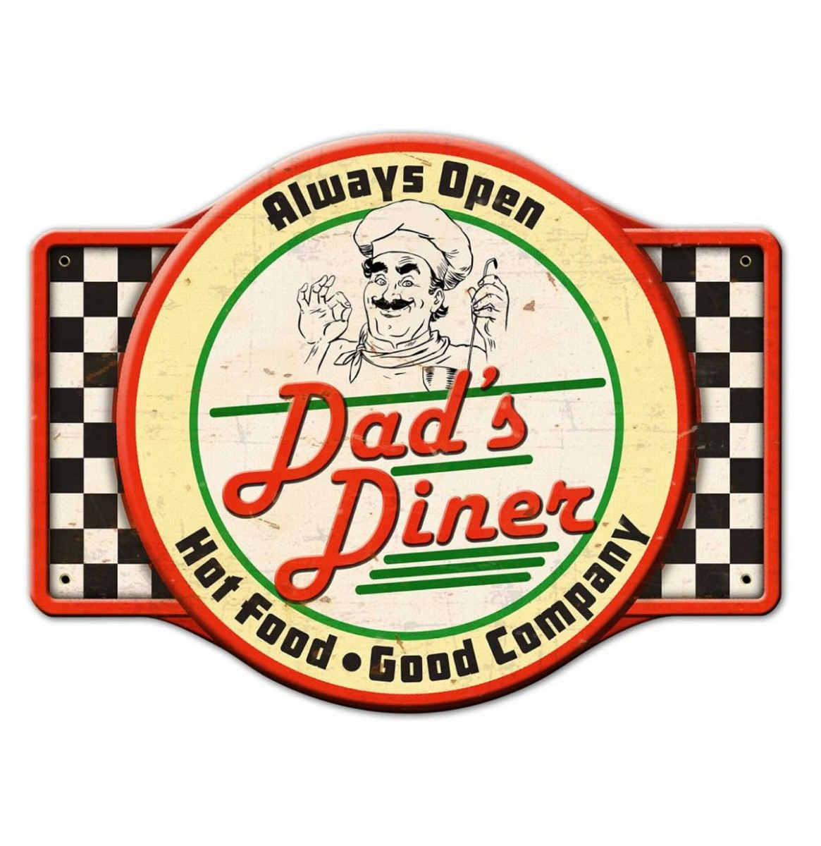 Dad&apos;s Diner Always Open, Hot Food, Good Company Zwaar Metalen Bord - 58 x 44 cm