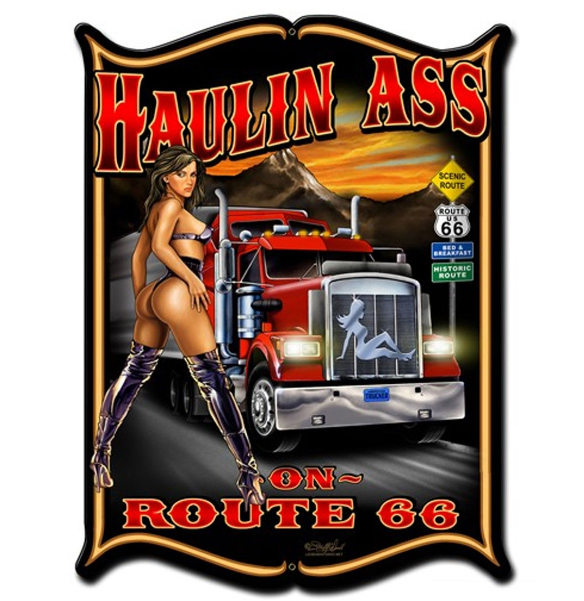 Haulin Ass On Route 66 Pin Up Zwaar Metalen Bord 48 x 35 cm