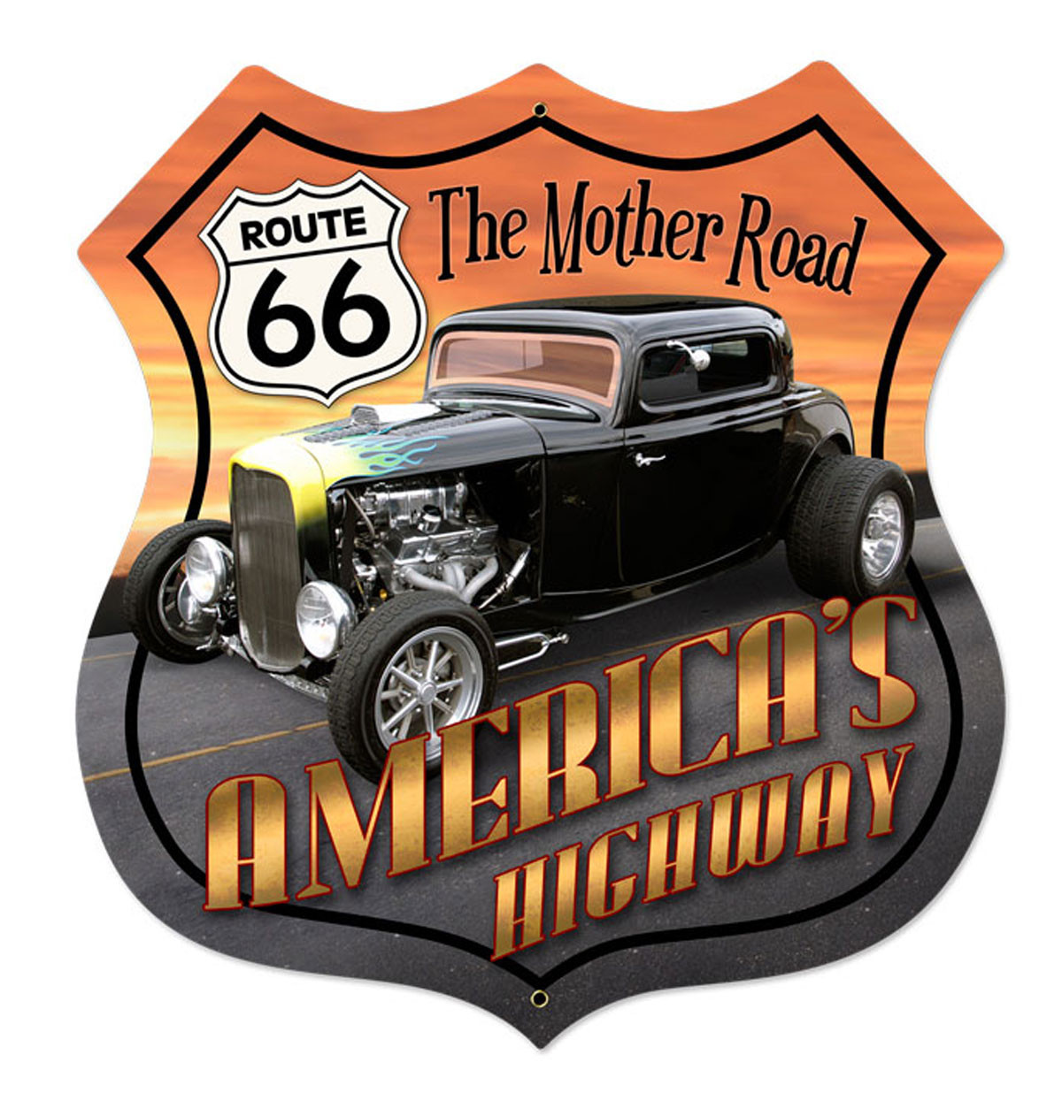 Route 66 America&apos;s Highway Hot Rod Zwaar Metalen Bord XL