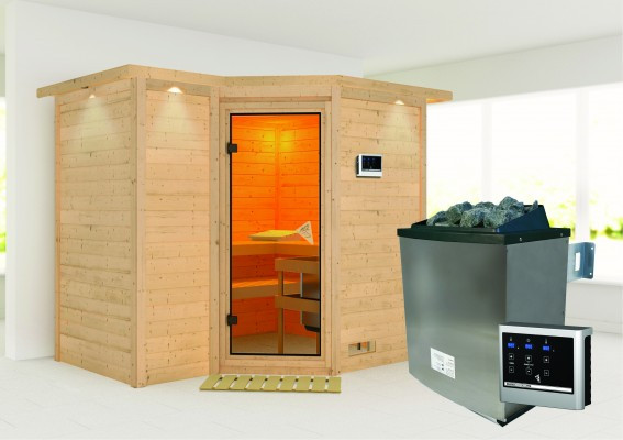 Karibu | Sahib 2 Sauna met Dakkraag | Bronzeglas Deur | Kachel 9 kW Externe Bediening