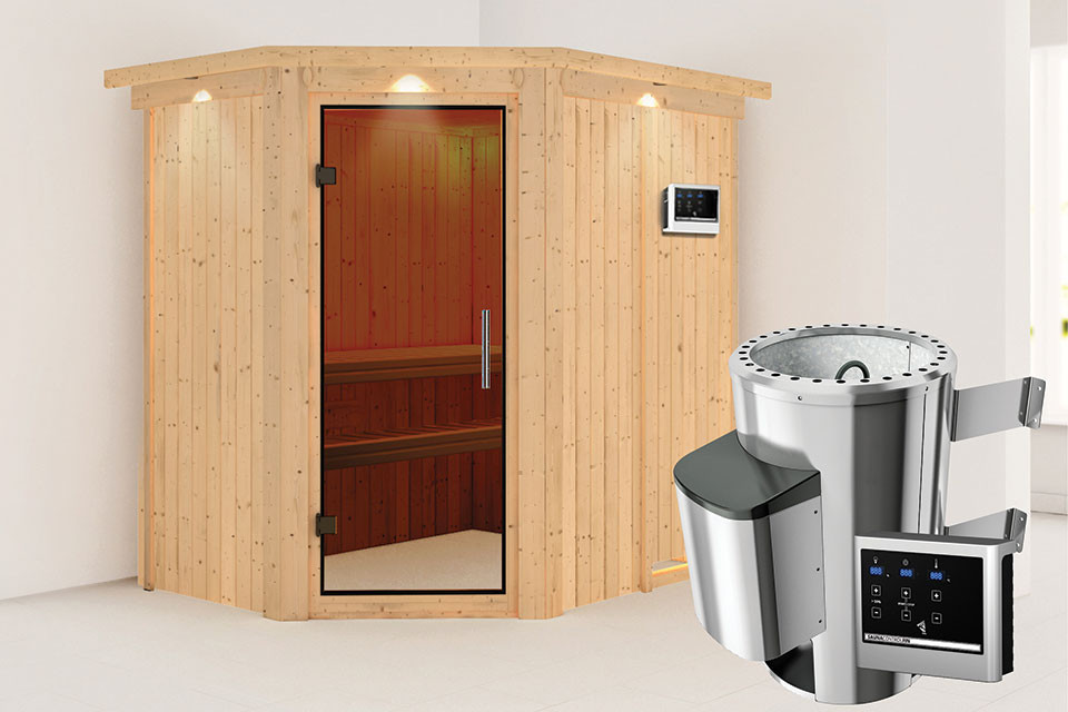 Karibu | Saja Sauna met Dakkraag | Antracietglas | Biokachel 3,6 kW Externe Bediening