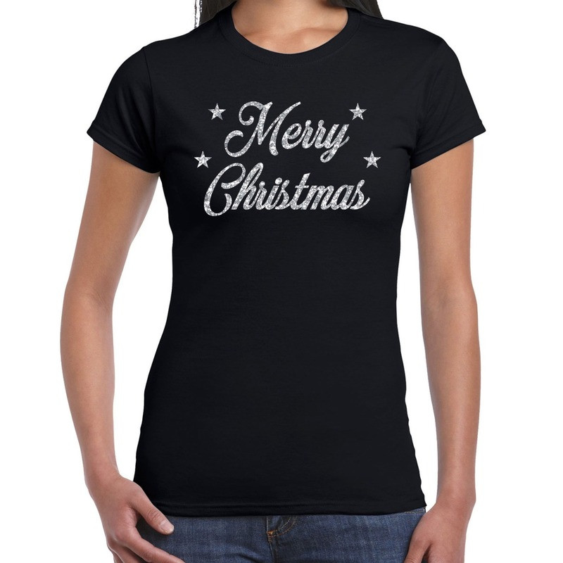 Fout kerst shirt merry Christmas zilver / zwart voor dames