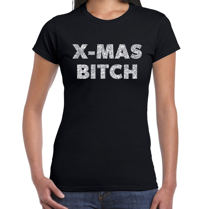 Fout kerst shirt X-mas bitch zilver / zwart voor dames