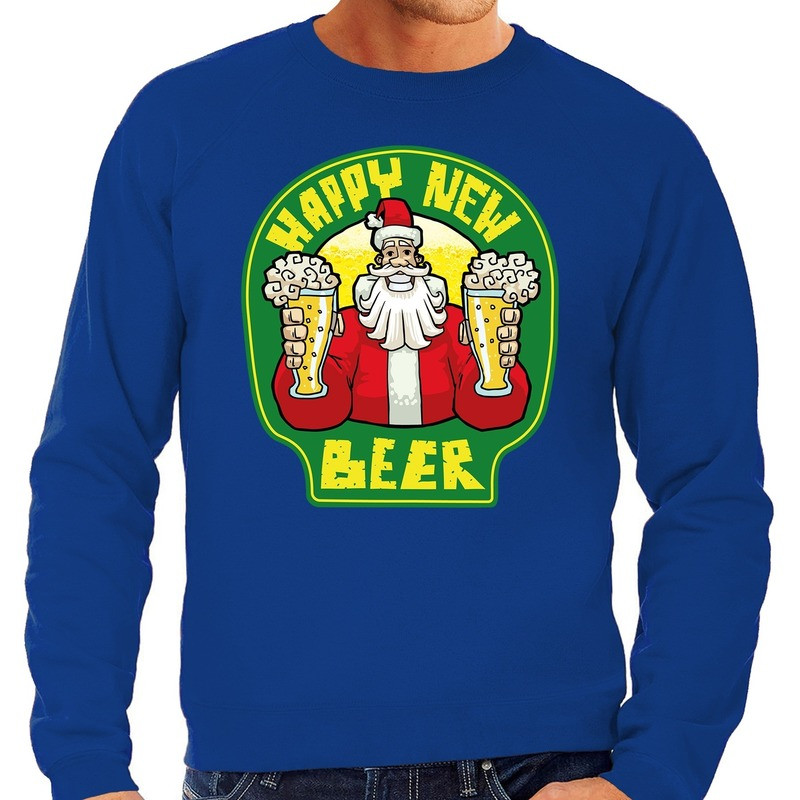 Foute Nieuwjaar / Kersttrui happy new beer / bier blauw heren