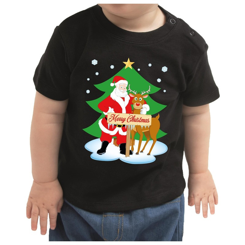 Kerstshirt Merry Christmas kerstman/rendier zwart baby jongen/me