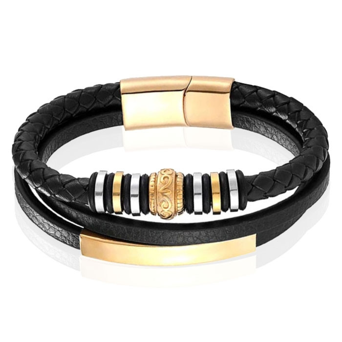 Mendes Jewelry Heren Armband - Zwart Leder met Bedels en Gouden Sluiting-21cm