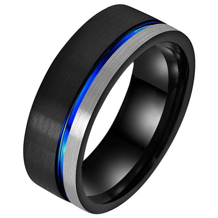 Wolfraam heren ring Groef Zwart Zilverkleurig Blauw-21.5mm