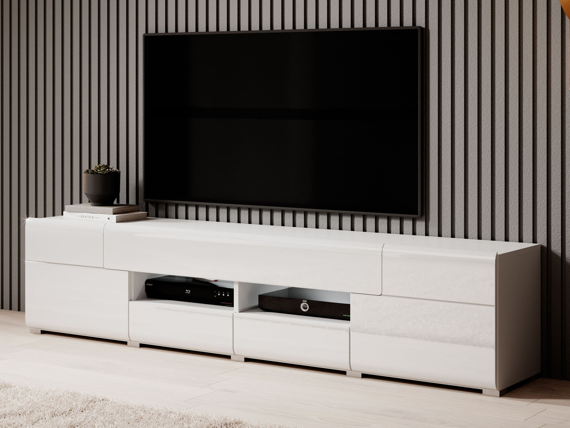 Tv-meubel TOMASSON 2 deuren 3 lades wit/hoogglans wit met led
