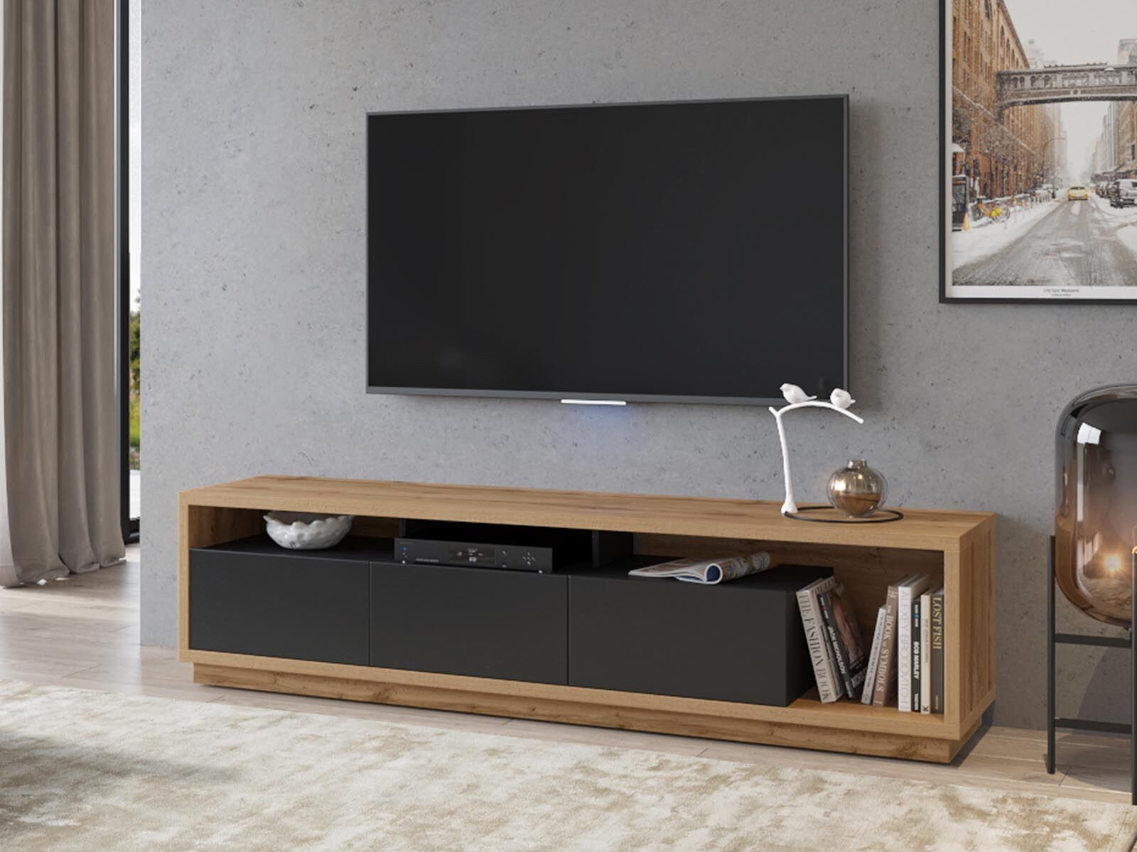 Tv-meubel CELIA 3 lades wotan eik/zwart