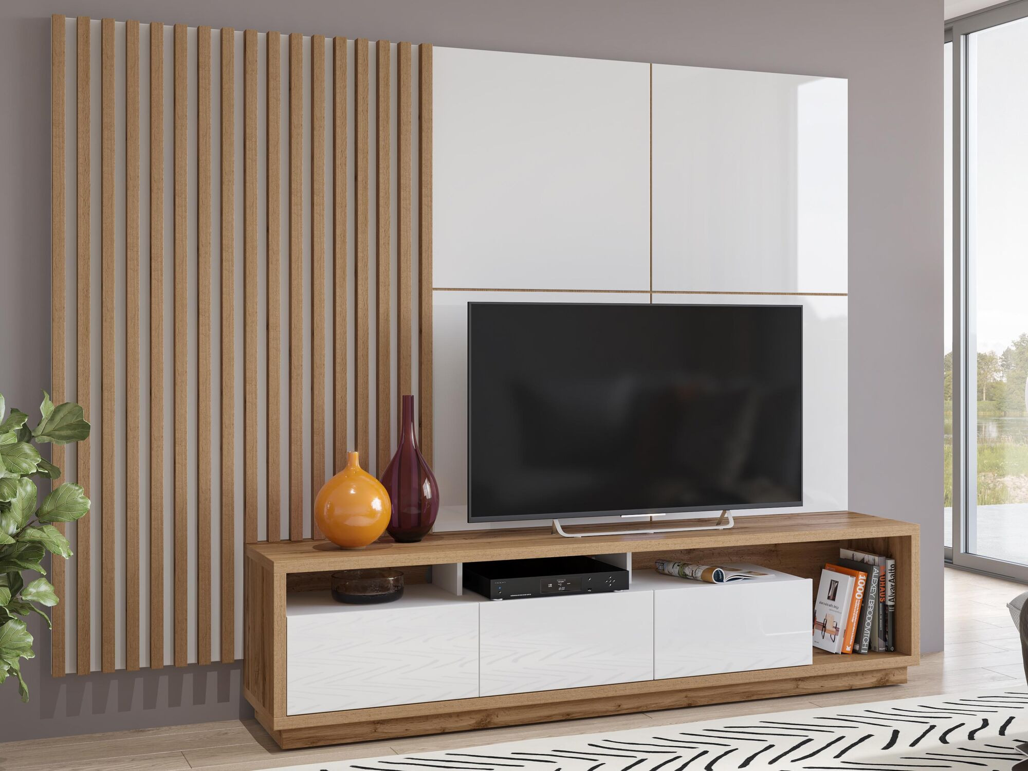 Tv-meubel CELIA DELUXE 3 lades wotan eik/hoogglans wit