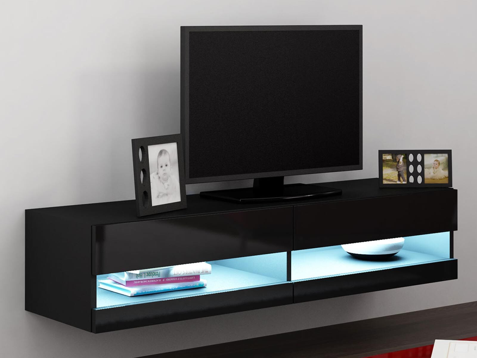 Tv-meubel VIGOR 2 vakken zwart/hoogglans zwart met led
