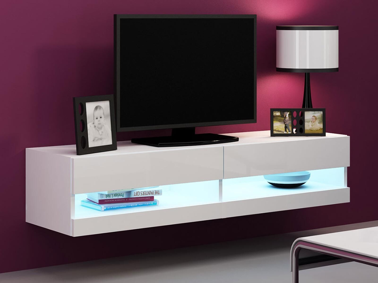 Tv-meubel VIGOR 2 vakken wit/hoogglans wit met led