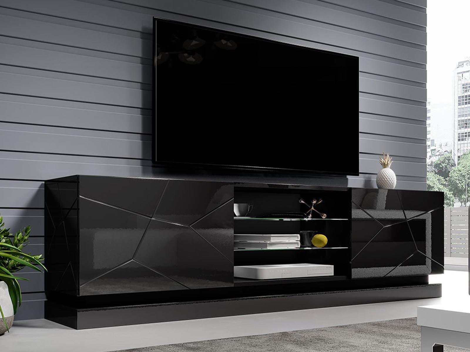 Tv-meubel AGNOS 2 deuren 200 cm zwart/hoogglans zwart met led