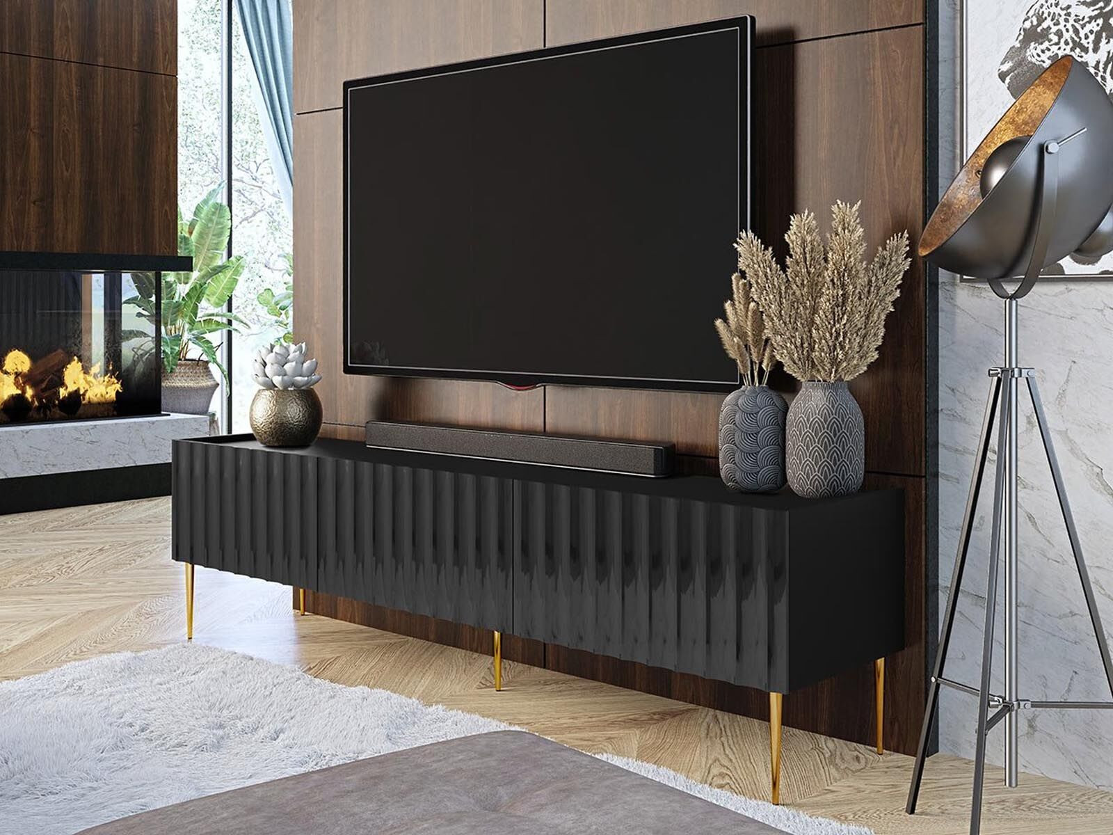Tv-meubel ARCOSANTI 180 cm 3 klapdeuren zwart