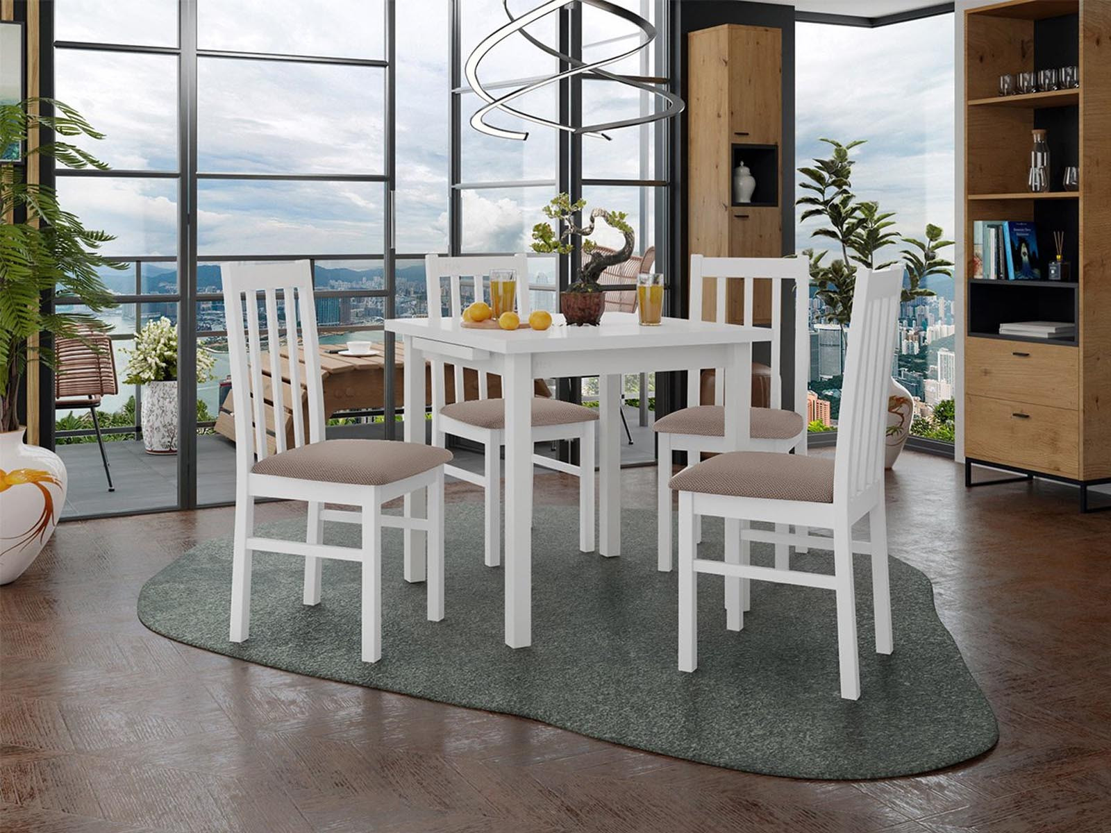 Eettafel ALITORA 80>110 cm wit met 4 stoelen en taupe kussens