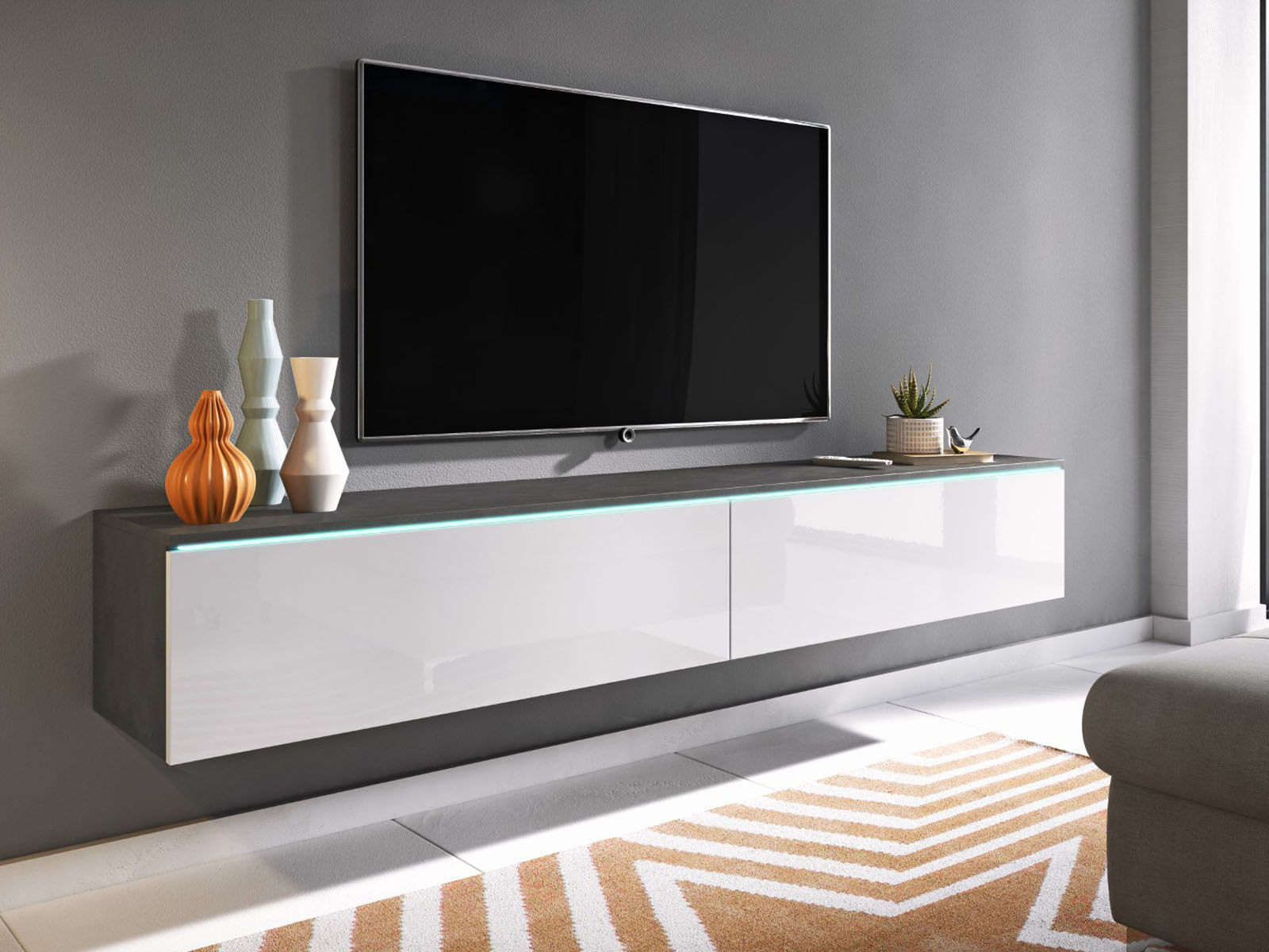 TV-meubel DUBAI 2 klapdeuren 180 cm matera/hoogglans wit met verlichting