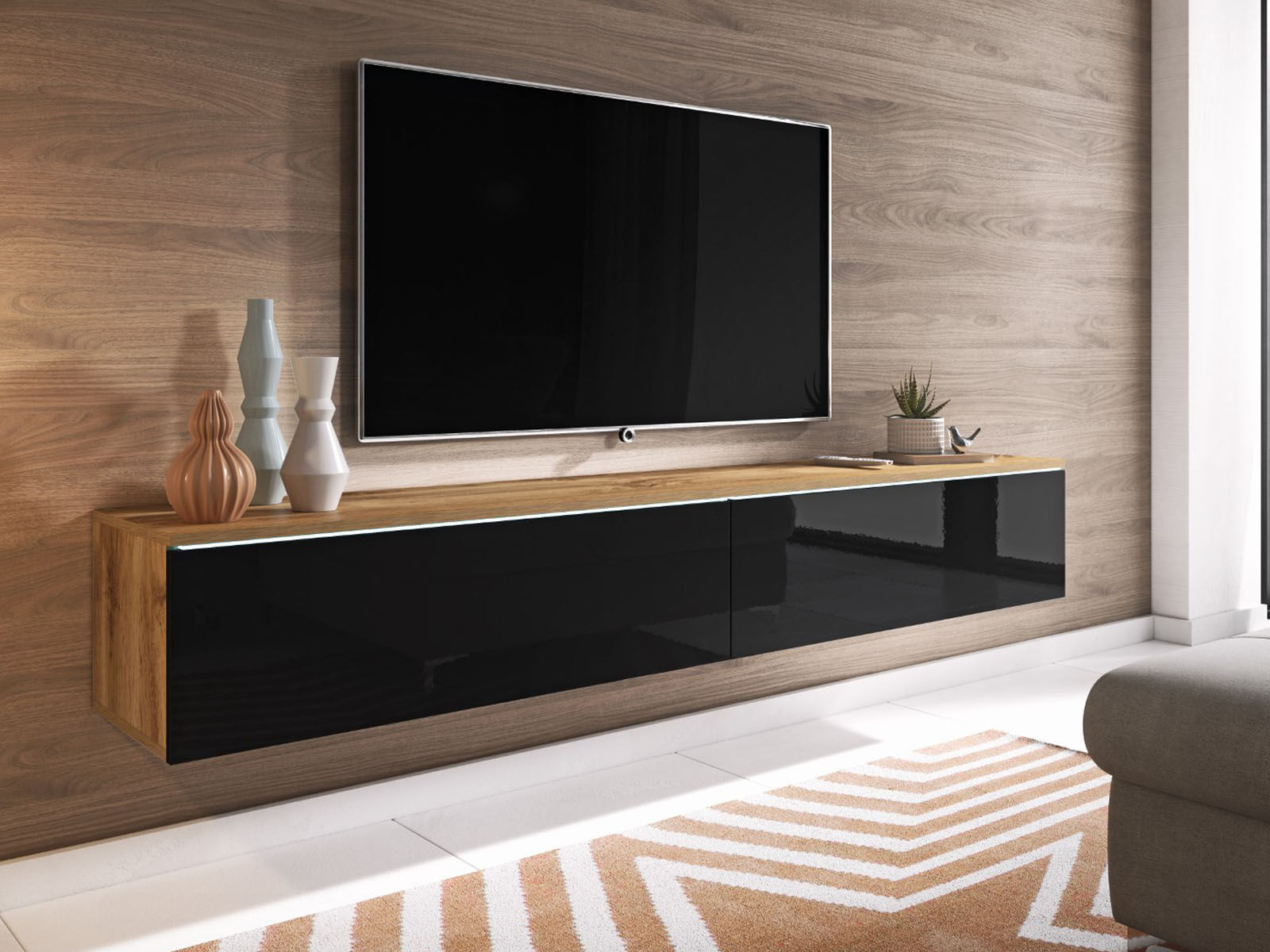 TV-meubel DUBAI 2 klapdeuren 180 cm eik wotan/hoogglans zwart met verlichting