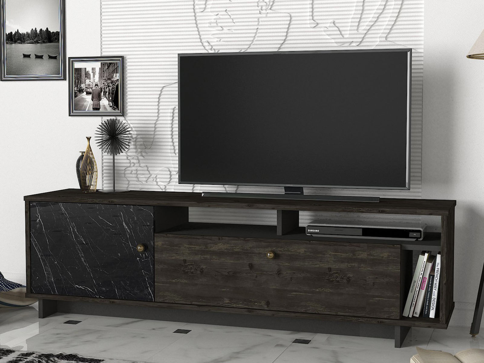 Tv-meubel ARTEMA 2 deuren zwart/walnoot bruin