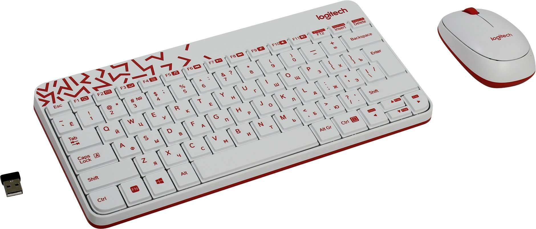 Комплект беспроводной клавиатура+мышь Logitech Wireless Desktop MK240 Nano White 920-008212, Белый/Красный