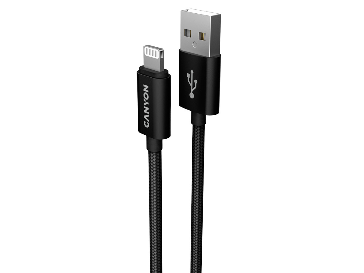 Кабель Canyon, USB 2.0 - Lightning, оплетка нейлон, MFI, 1м, Черный CNS-MFIC3B