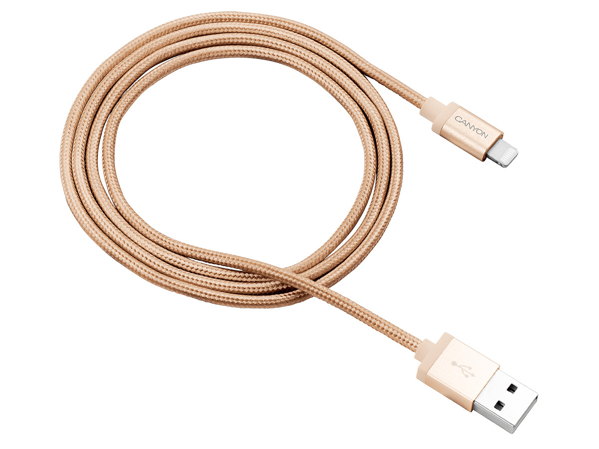 Кабель Canyon, USB 2.0 - Lightning, оплетка нейлон, MFI, 1м, Золотистый CNS-MFIC3GO