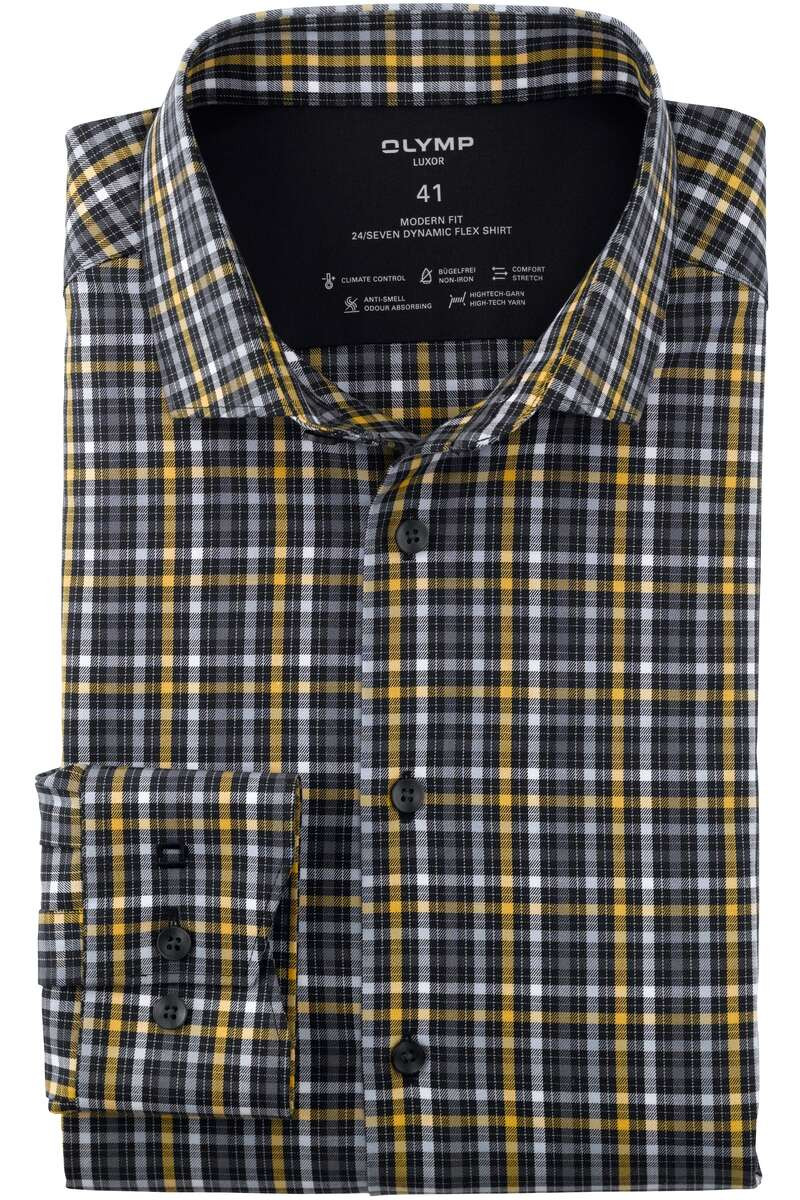OLYMP Luxor 24/Seven Dynamic Flex Modern Fit Jersey shirt zwart/geel, Ruit