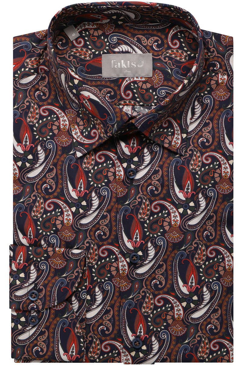 fakts Busy Slim Fit Overhemd donkerblauw, Paisley