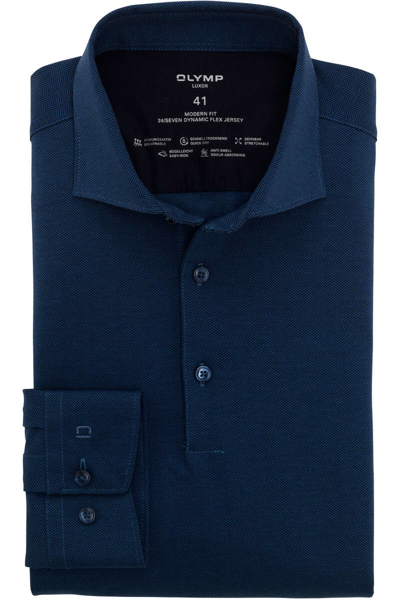 OLYMP Luxor 24/Seven Modern Fit Jersey shirt rook blauw, Herringbone
