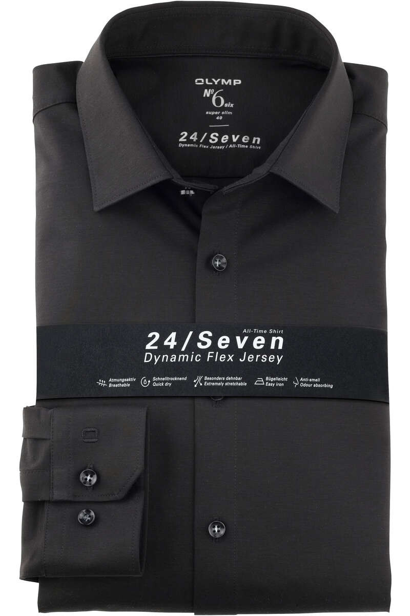 OLYMP No. Six 24/Seven Super Slim Jersey shirt zwart, Effen