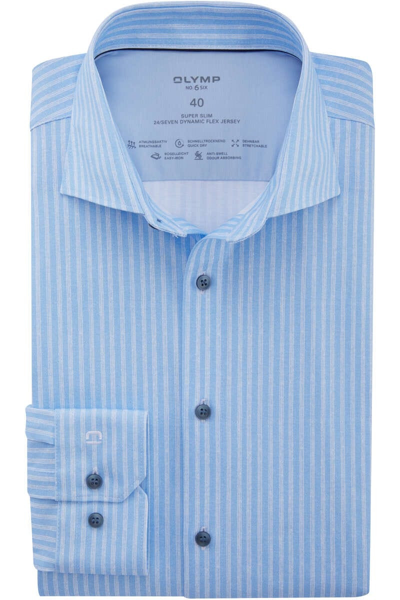 OLYMP No. Six 24/Seven Dynamic Flex Super Slim Jersey shirt blauw/wit, Gestreept