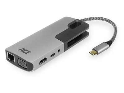 ACT laptop dock - USB C naar HDMI - VGA - Ethernet - USB A - MicroSD