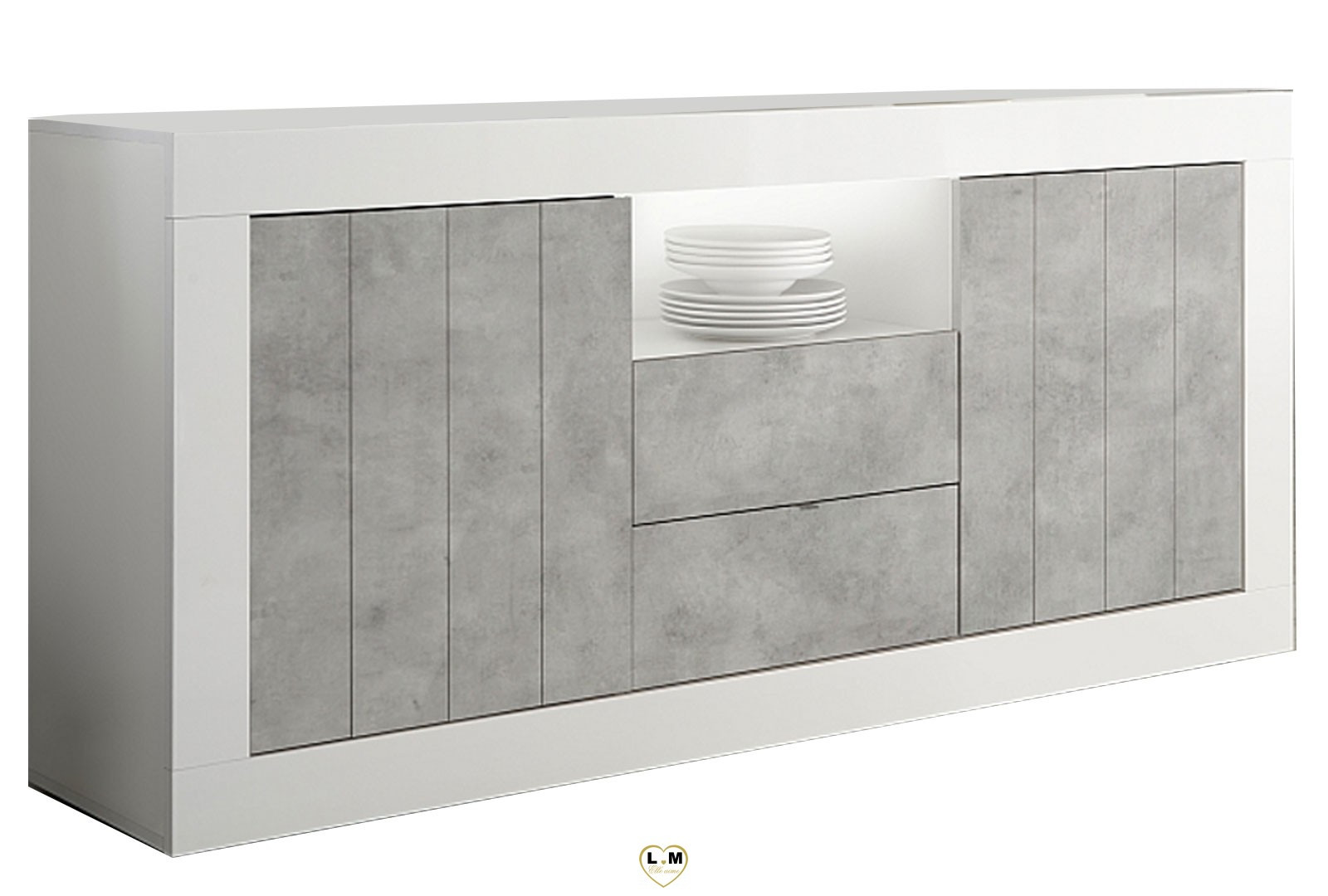 Dressoir Urbino 184 cm breed in hoogglans wit met grijs beton
