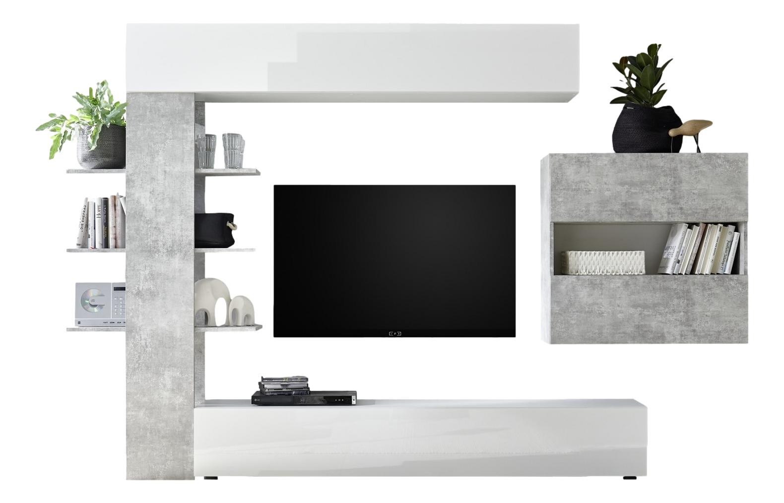 Tv-wandmeubel Morgan 295 cm breed in hoogglans wit met grijs beton