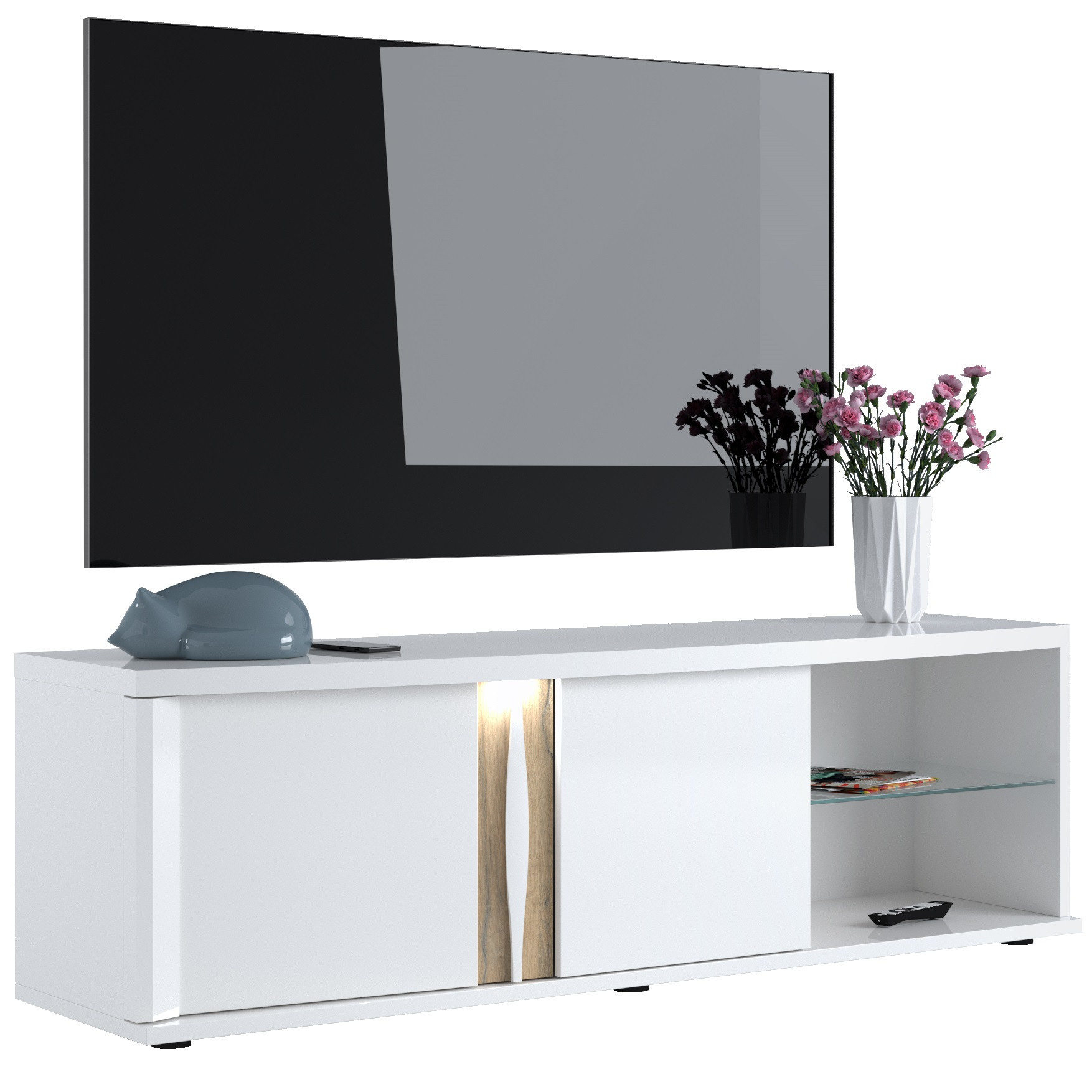 Tv meubel Insta 180 cm breed hoogglans wit met eiken