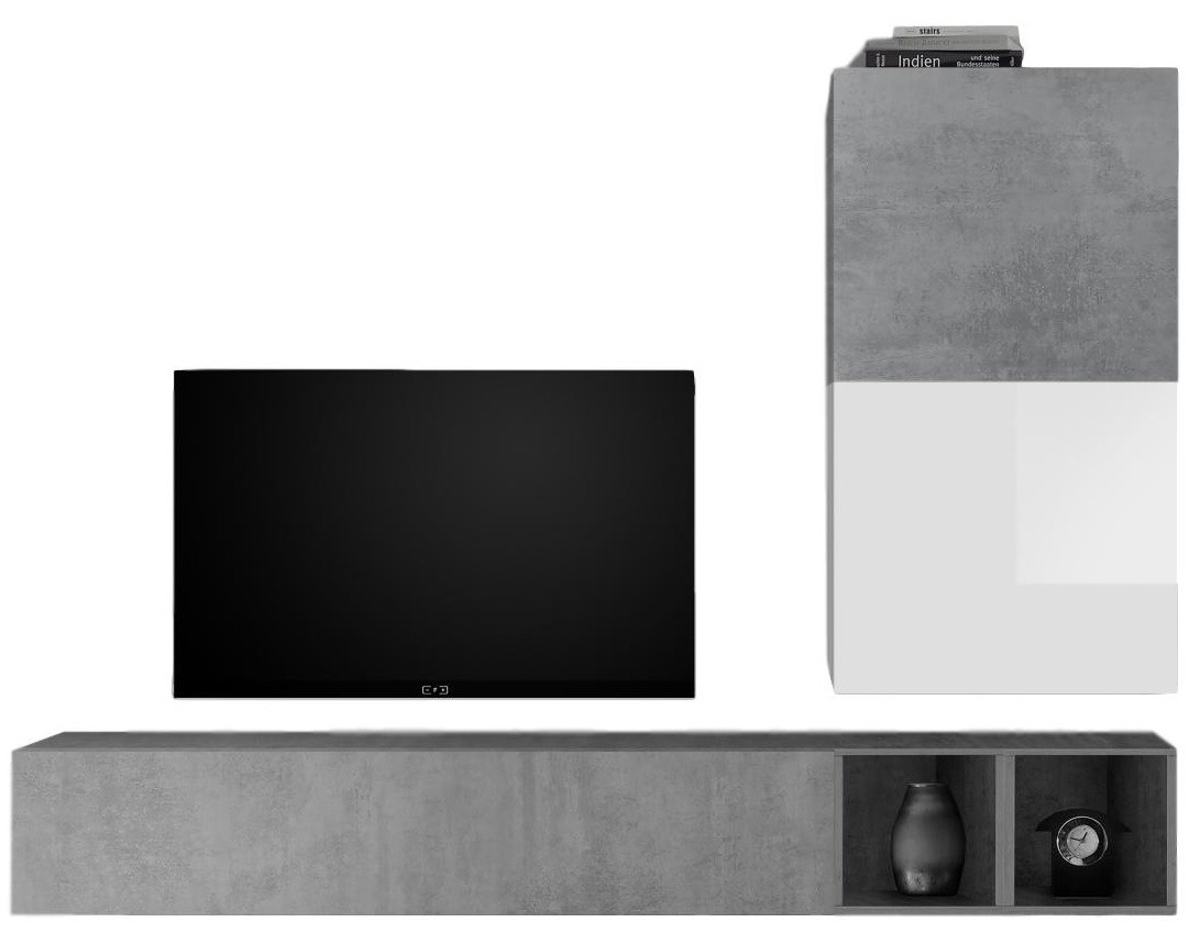 TV-wandmeubel Anderson in hoogglans wit met grijs beton