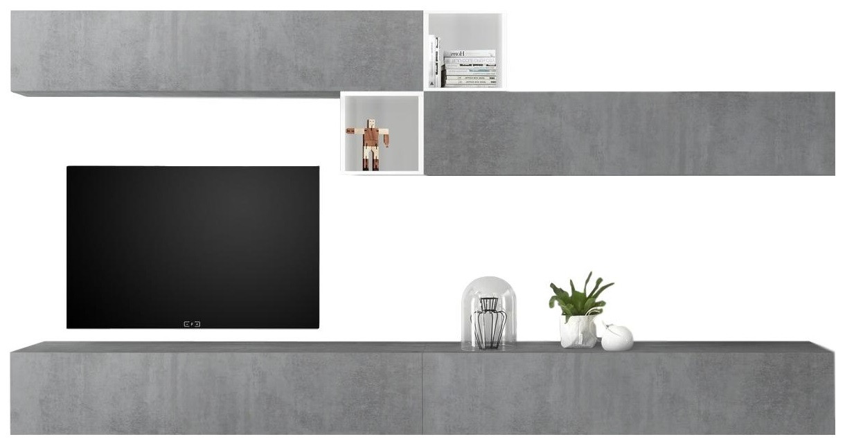 TV-wandmeubel Anya in hoogglans wit met grijs beton