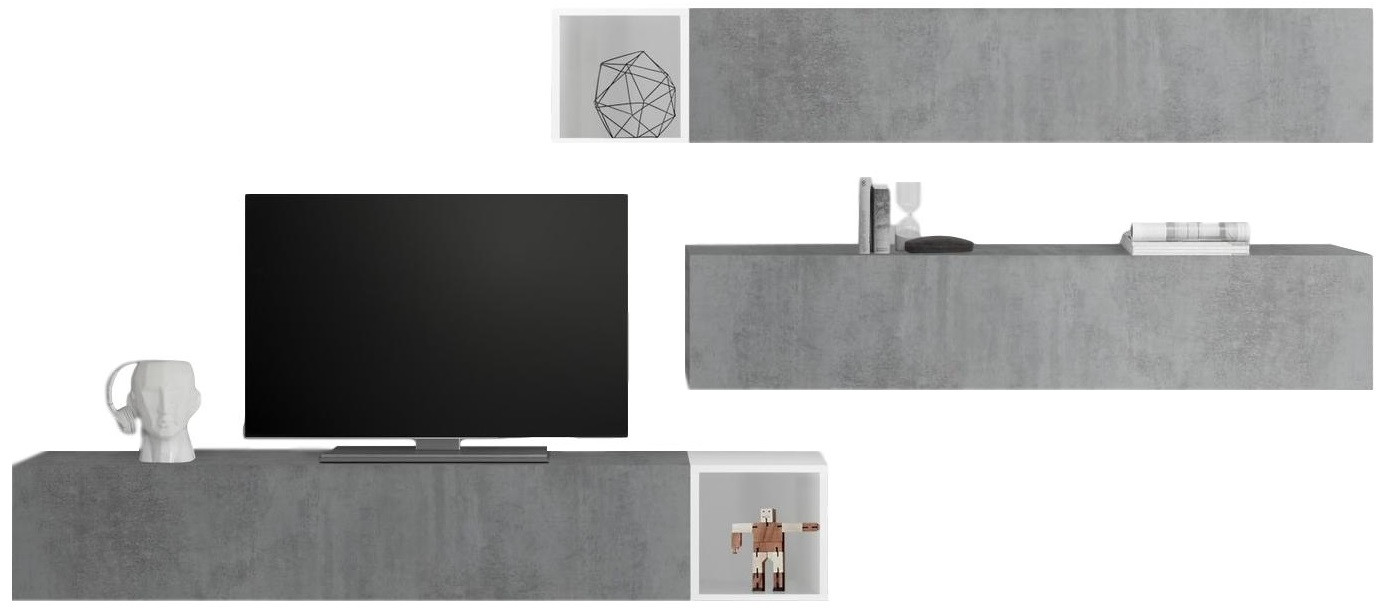 TV-wandmeubel Balvin in hoogglans wit met grijs beton