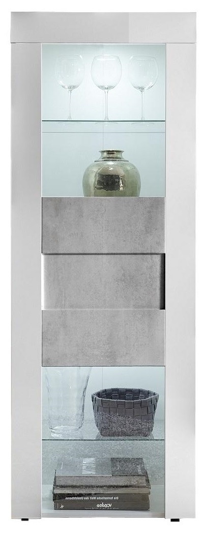 Vitrinekast Easy 167 cm hoog - Hoogglans wit met grijs beton